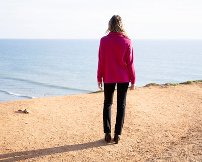 Pink Turtleneck Jumper with Diagonal Piping and Buckle Detailing