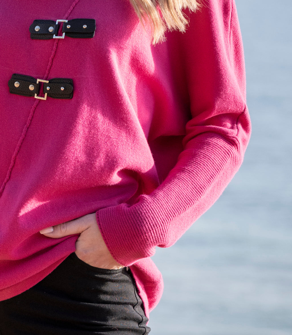Pink Turtleneck Jumper with Diagonal Piping and Buckle Detailing