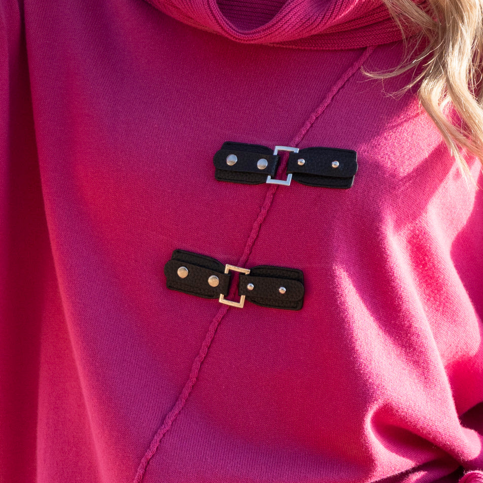 Pink Turtleneck Jumper with Diagonal Piping and Buckle Detailing