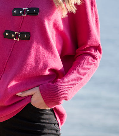 Pink Turtleneck Jumper with Diagonal Piping and Buckle Detailing