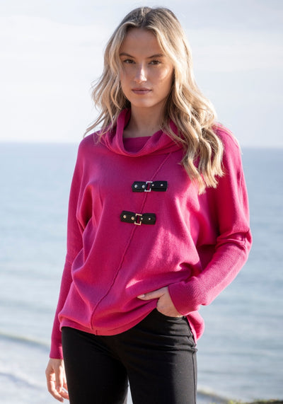 Pink Turtleneck Jumper with Diagonal Piping and Buckle Detailing
