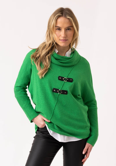 Green Turtleneck Jumper with Diagonal Piping and Buckle detailing