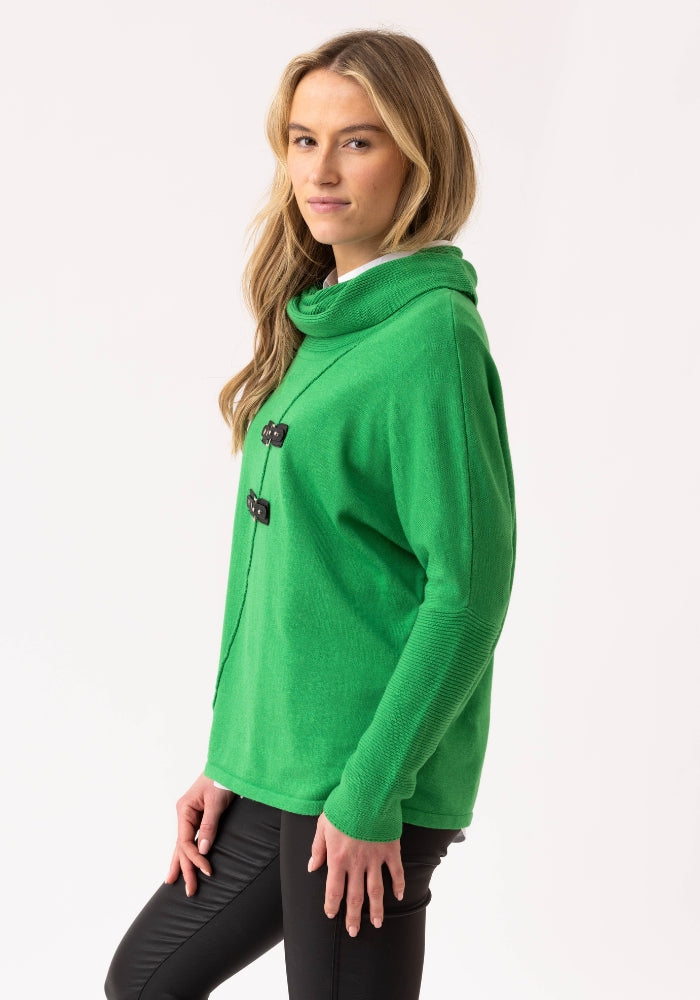 Green Turtleneck Jumper with Diagonal Piping and Buckle detailing