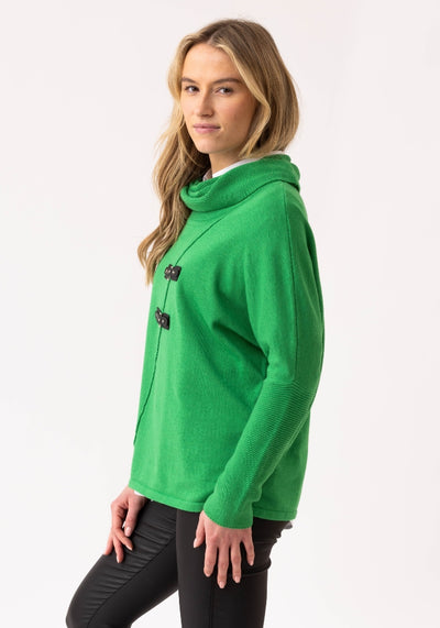 Green Turtleneck Jumper with Diagonal Piping and Buckle detailing