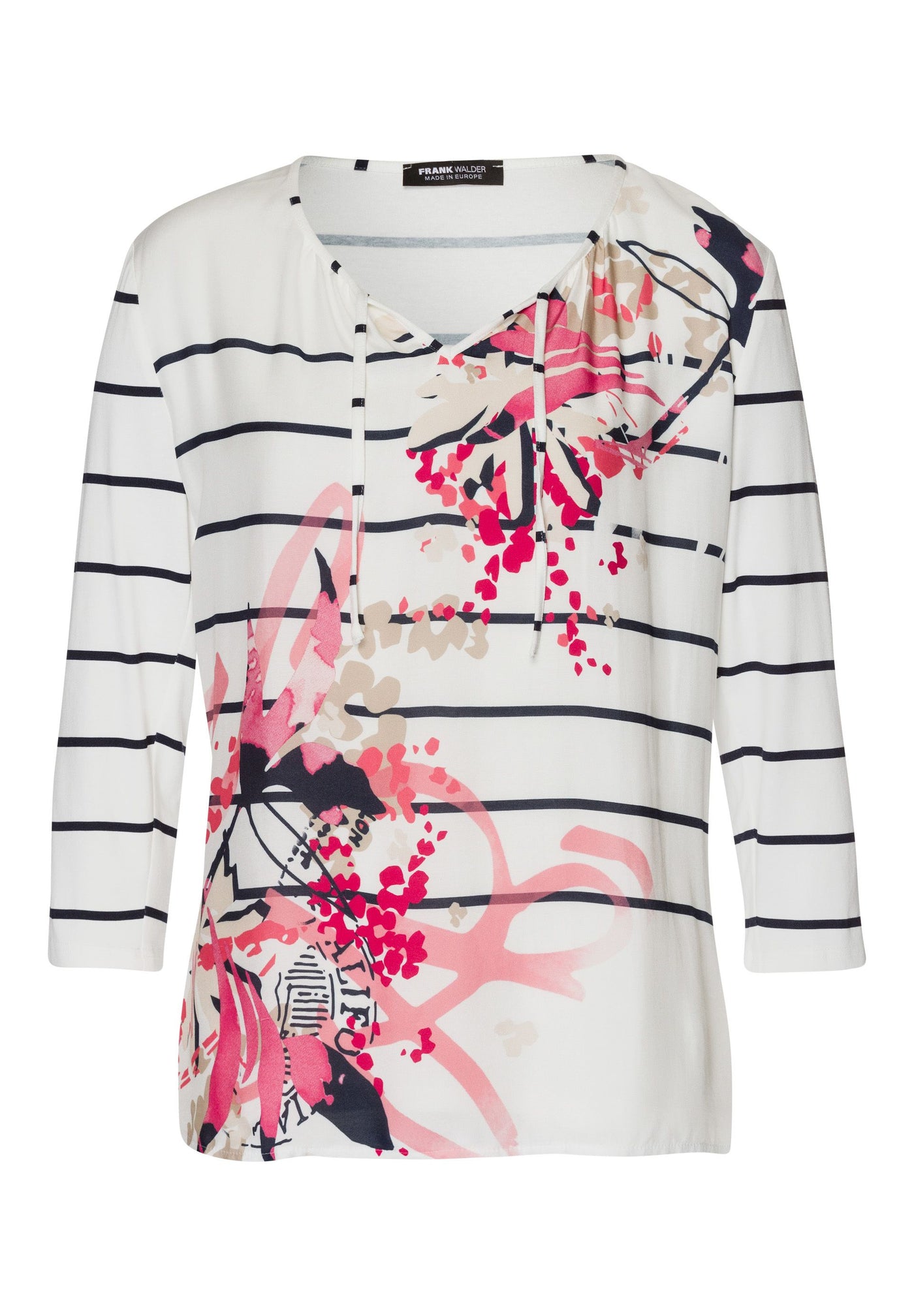 Cream Round Neck Striped Top with Abstract Print & Neck Tie