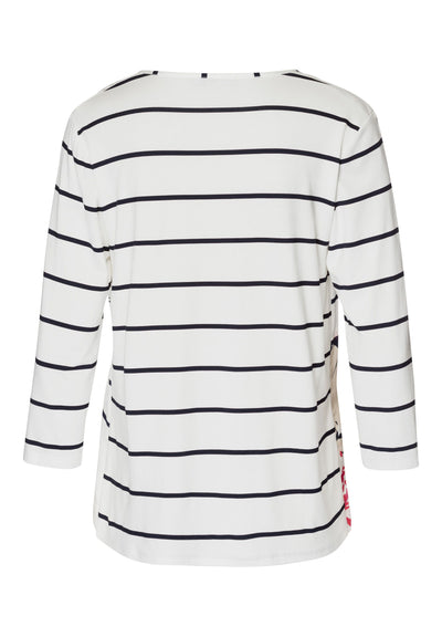 Cream Round Neck Striped Top with Abstract Print & Neck Tie