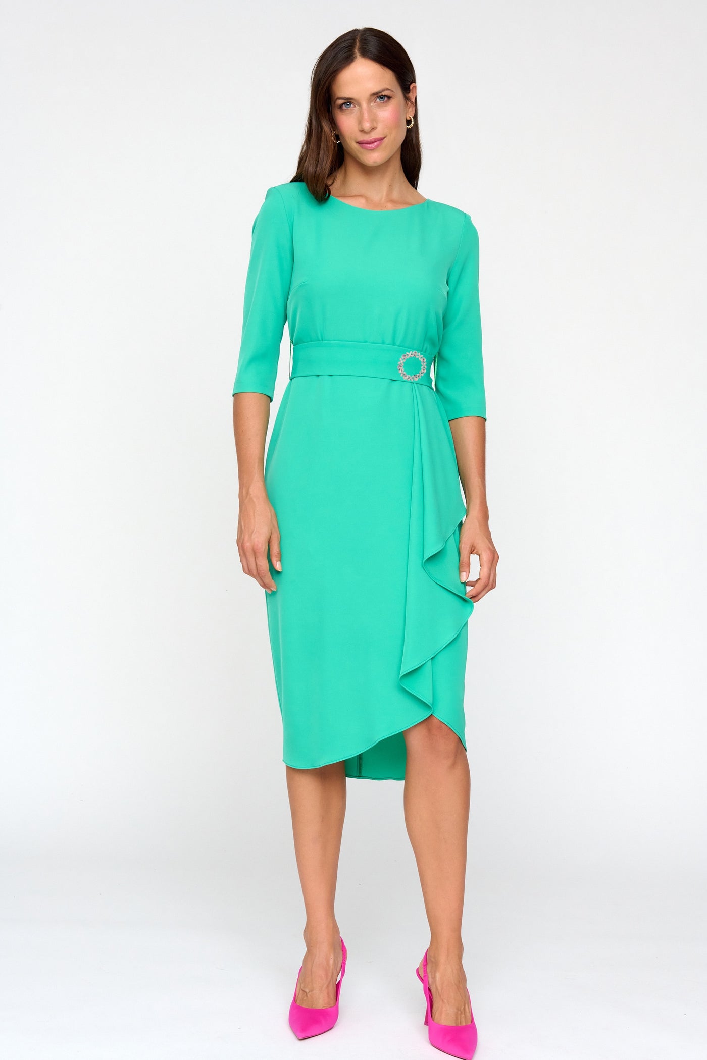 Green Dress with 3/4 Sleeve and Diamonte Broach