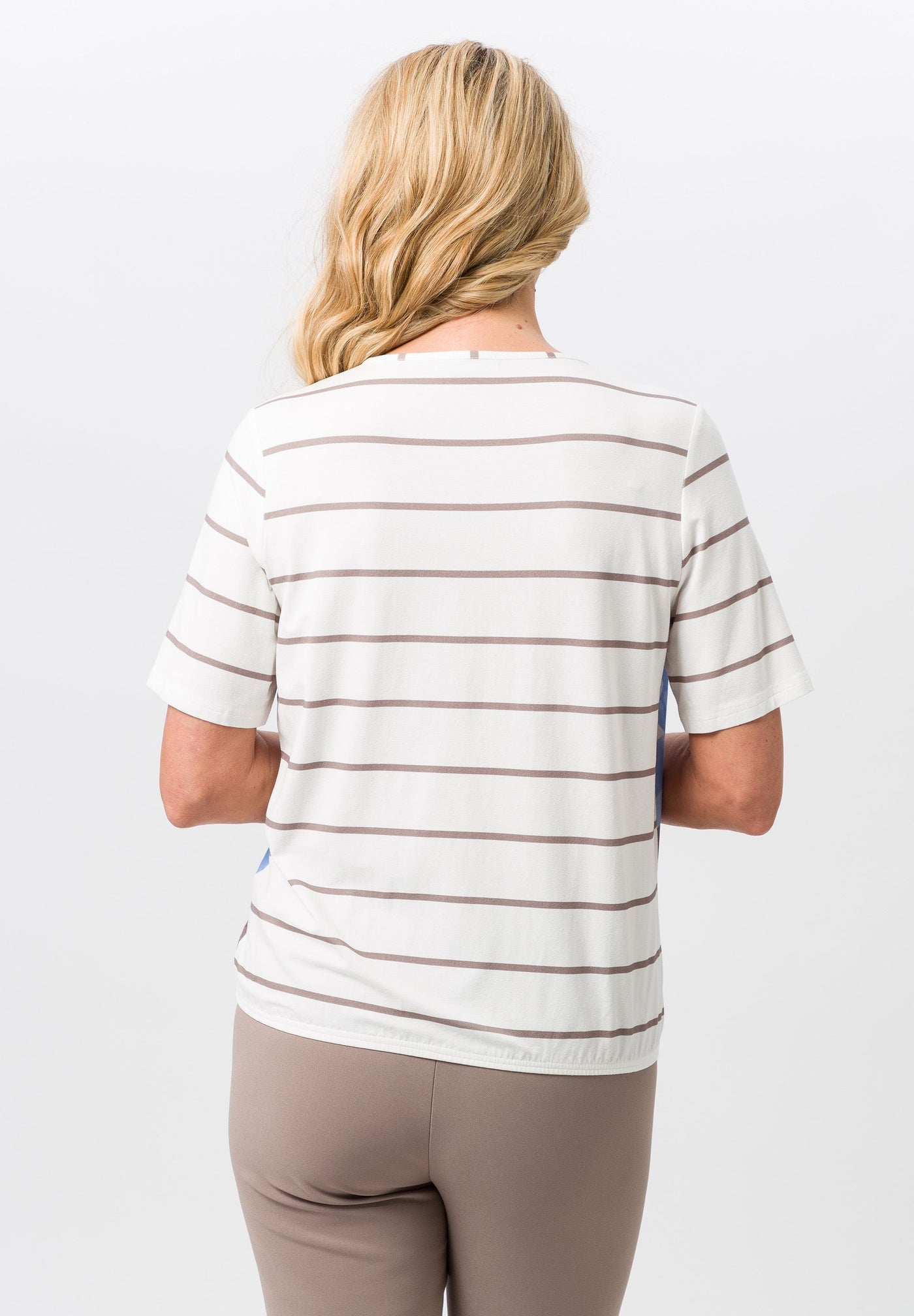 Cream Round Neck Top With Stripped Short Sleeves Blue & Brown Pattern & Elasicated Waist Detailing
