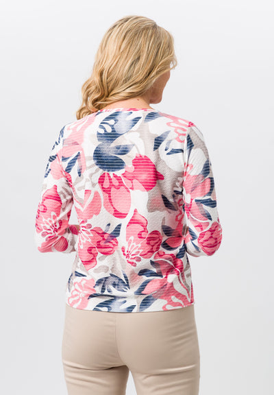 Pink & Beige Floral Print Top with 3/4 Sleeves & Side Tie Detail