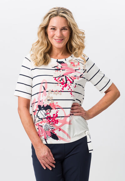 Cream Round Neck Striped Top with Abstract Print & Elasticated Waist
