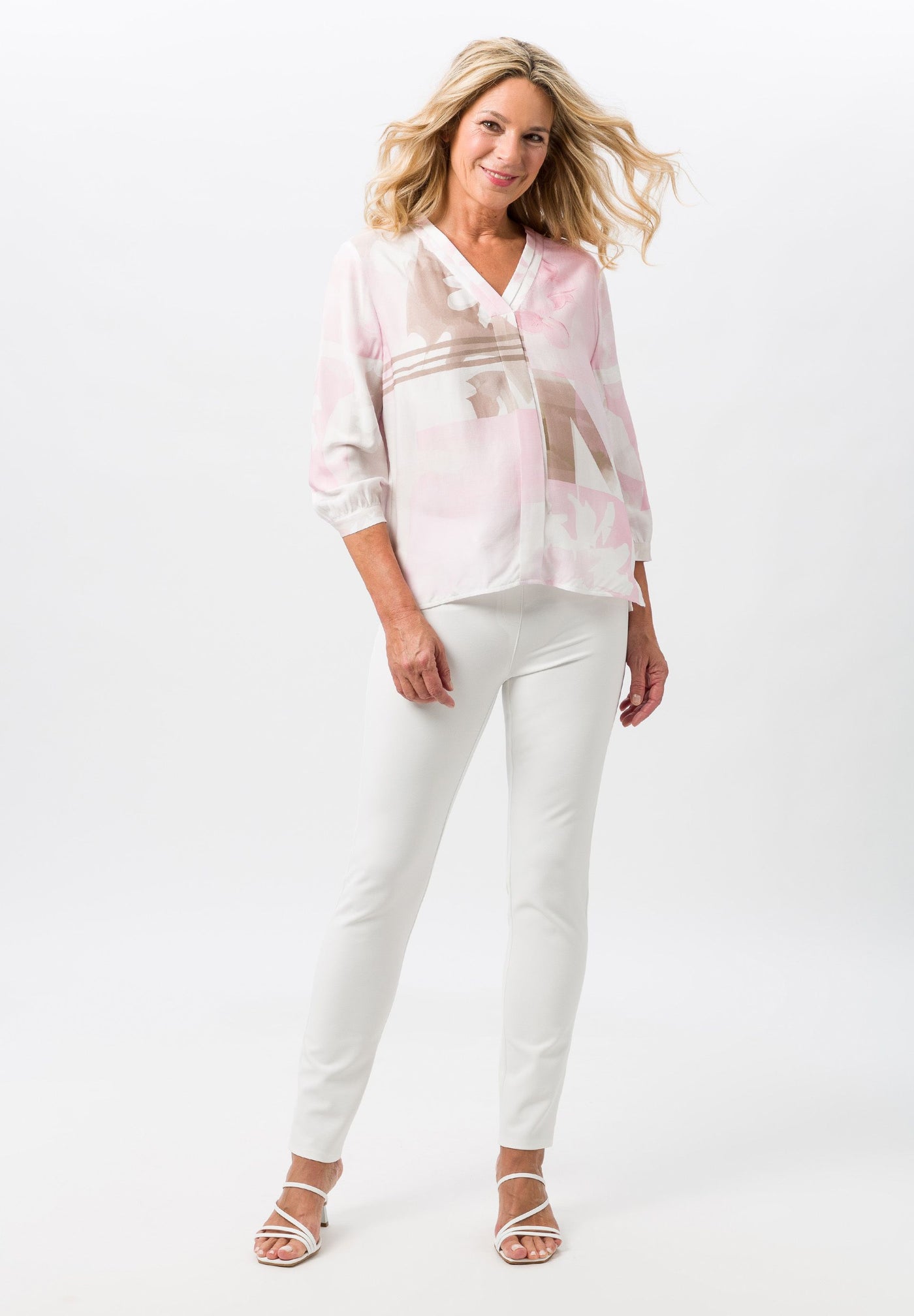 Beige, Cream & Pink V-Neck Top with Pleated Front
