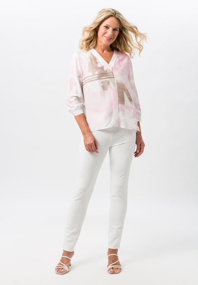 Beige, Cream & Pink V-Neck Top with Pleated Front