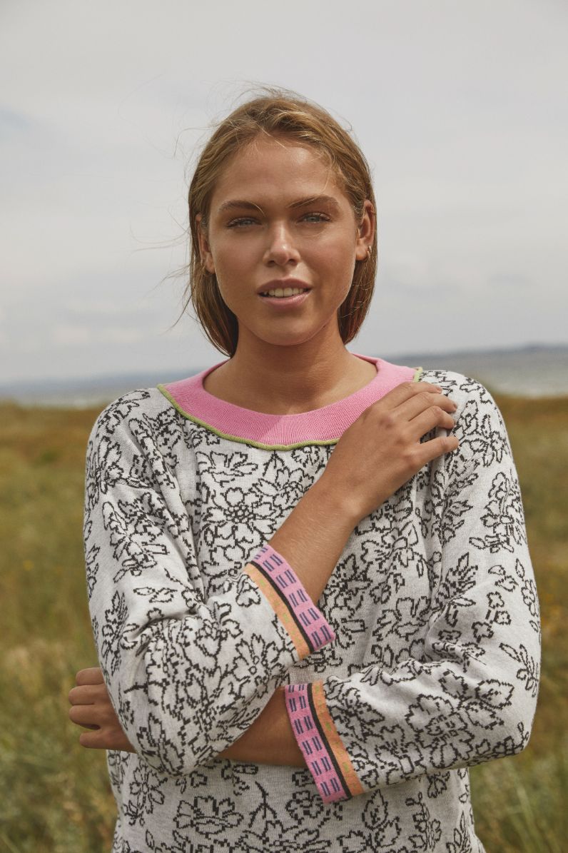 Grey/ Pink Floral Knit Jumper