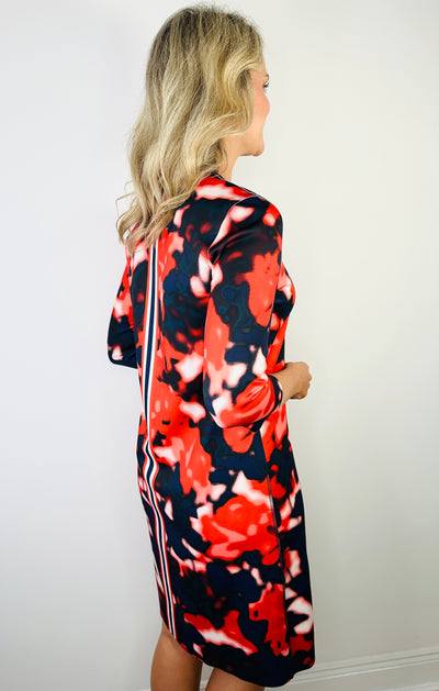 Reversable Navy and Red Dress with Grandfather Collar and Stripe Detail