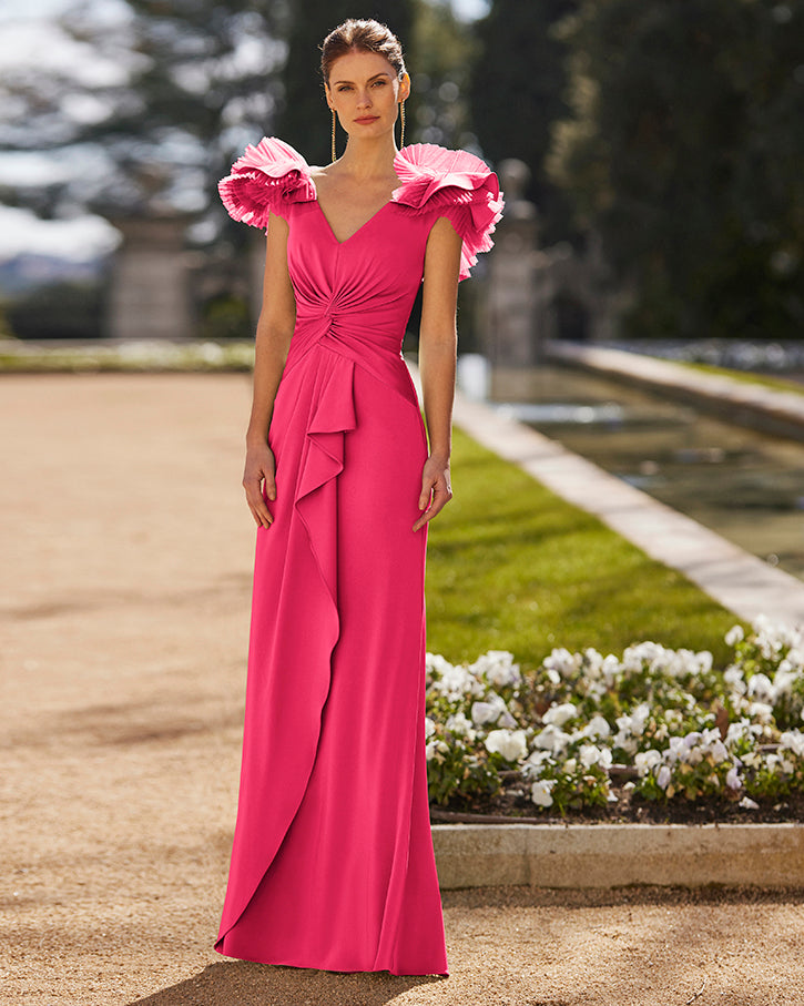 Hot Pink V-Neck Dress With Mesh Shoulder Detail & Ruching
