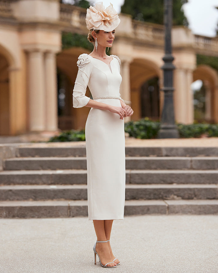 Beige Dress With Sequined Detailing on Sleeve & Beaded Waistline