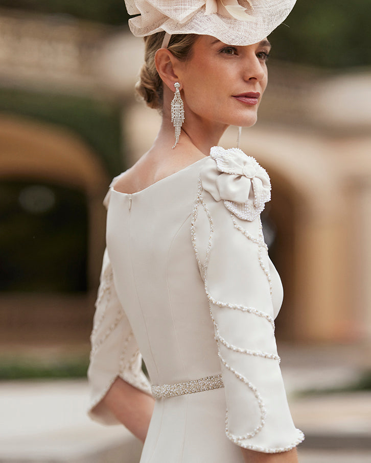 Beige Dress With Sequined Detailing on Sleeve & Beaded Waistline