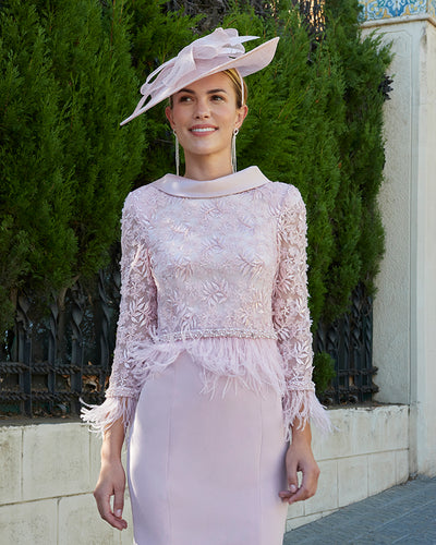 Pale Rose Dress With Embroidered Bolero & Feather Detail