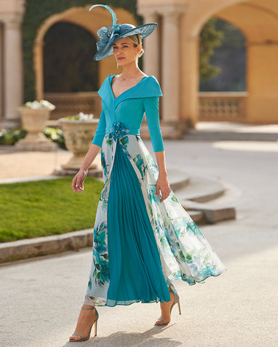 Jade Green  Dress With Floral Pattern & Pleated Skirt