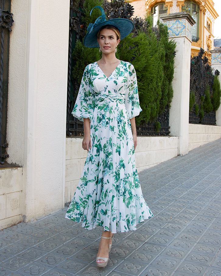 Emerald Floral Print Dress With V-Neck