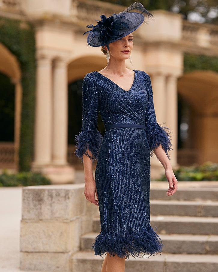 Navy Sequinned Dress With Feather Detail