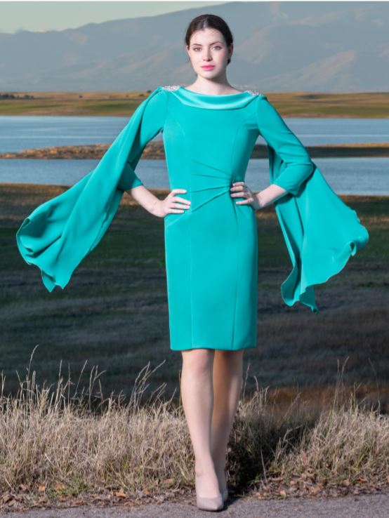 Green Dress with Shoulder Embellishments and Cowl Neck