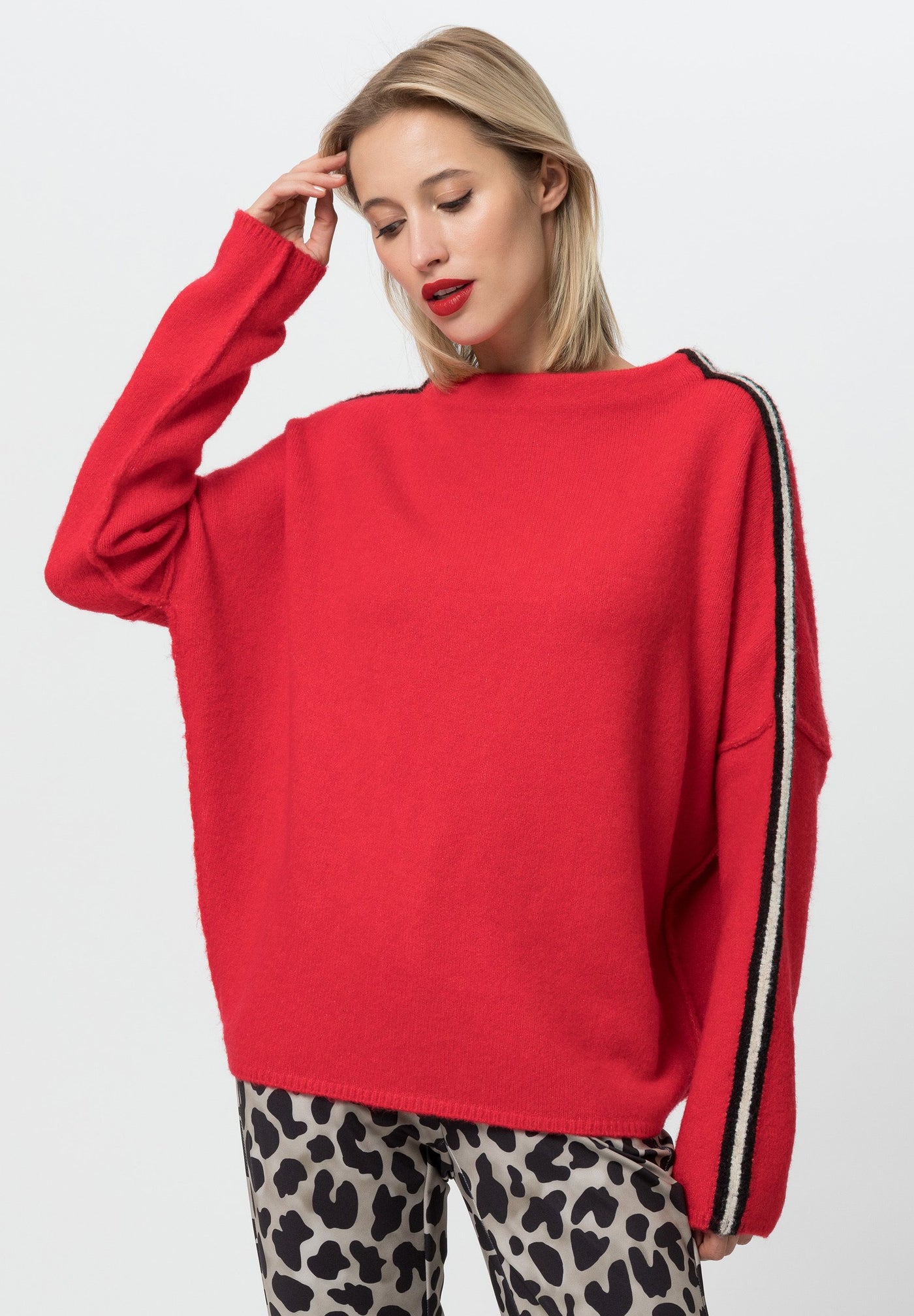 Red Knit Jumper with Black & Beige Side Stripe on Sleeves