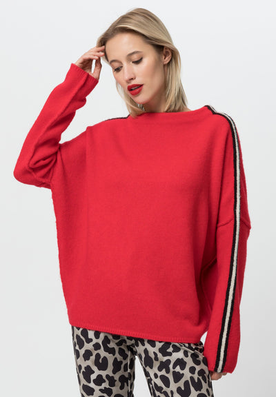 Red Knit Jumper with Black & Beige Side Stripe on Sleeves