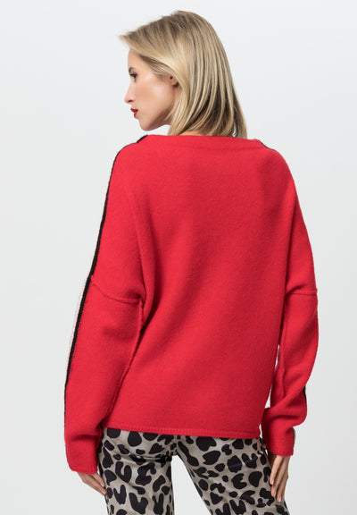 Red Knit Jumper with Black & Beige Side Stripe on Sleeves