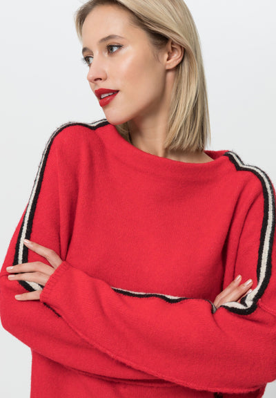 Red Knit Jumper with Black & Beige Side Stripe on Sleeves