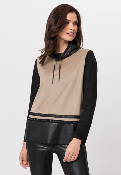 Brown & Black Colour Block Top With Drawstring Collar
