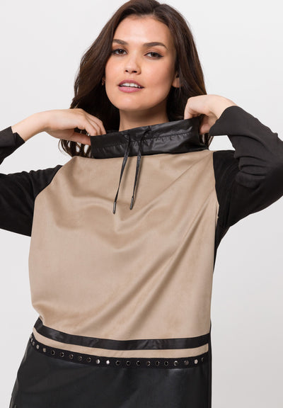 Brown & Black Colour Block Top With Drawstring Collar