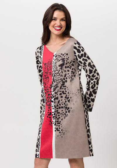 Brown, Red & Black Leopard Print Reversible Dress