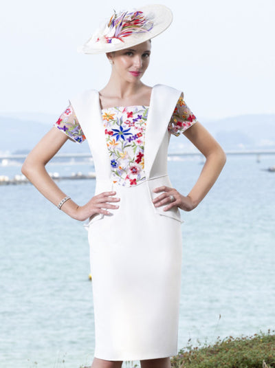 White Peplum Shift Dress with Sheer Floral Sleeves and Floral Front Panel