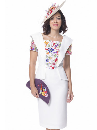 White Peplum Shift Dress with Sheer Floral Sleeves and Floral Front Panel