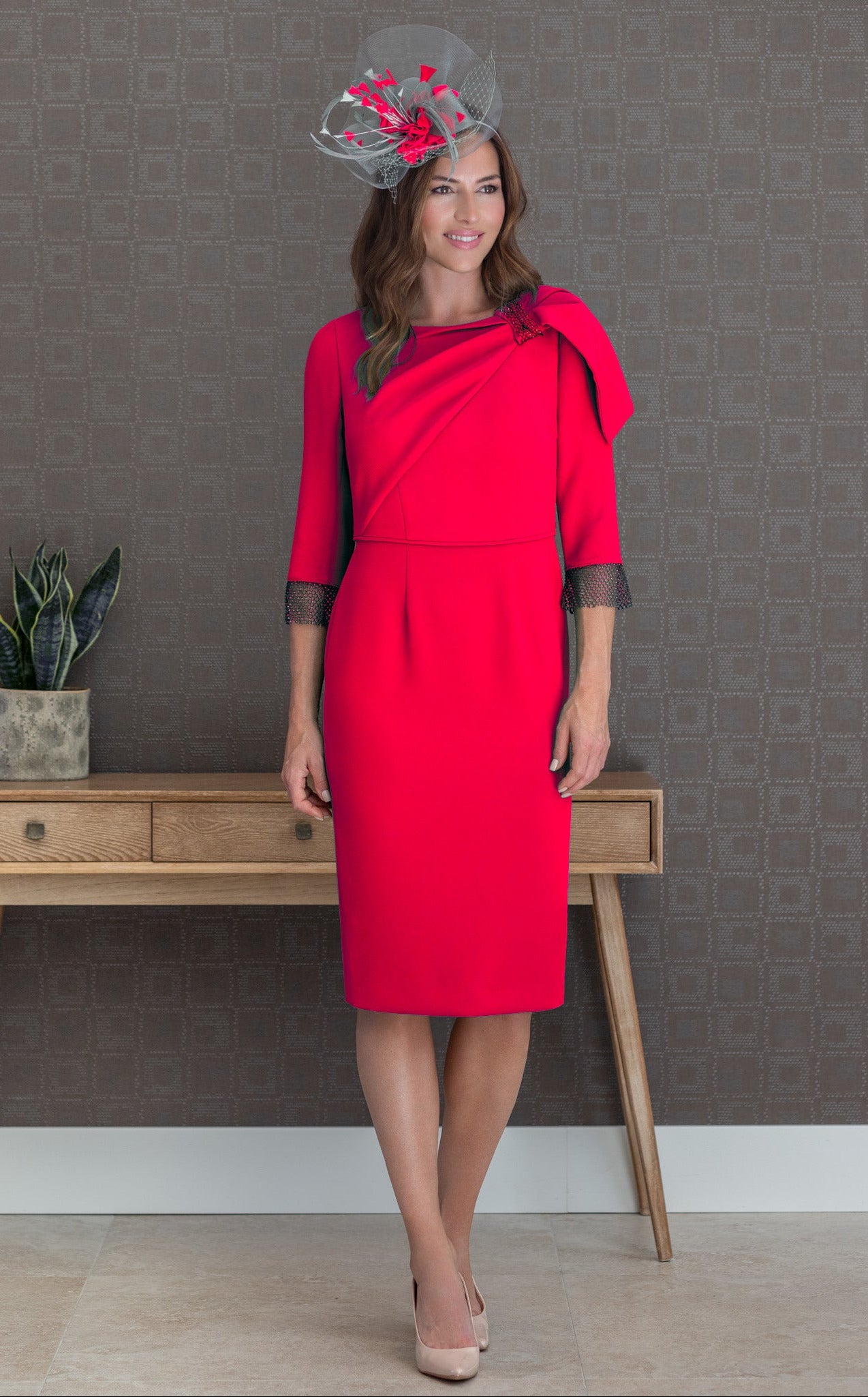 Red Dress with Half Bow Draped Shoulder & Red Mesh Diamante Sleeve