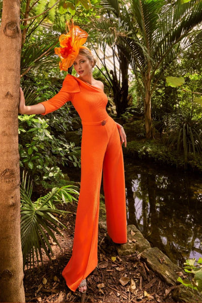 Orange One Shouldered Jumpsuit with Overlay and Broach Detail
