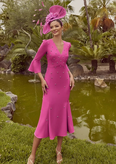 Hot Pink Dress with Bell Sleeve and 3D Embelishment