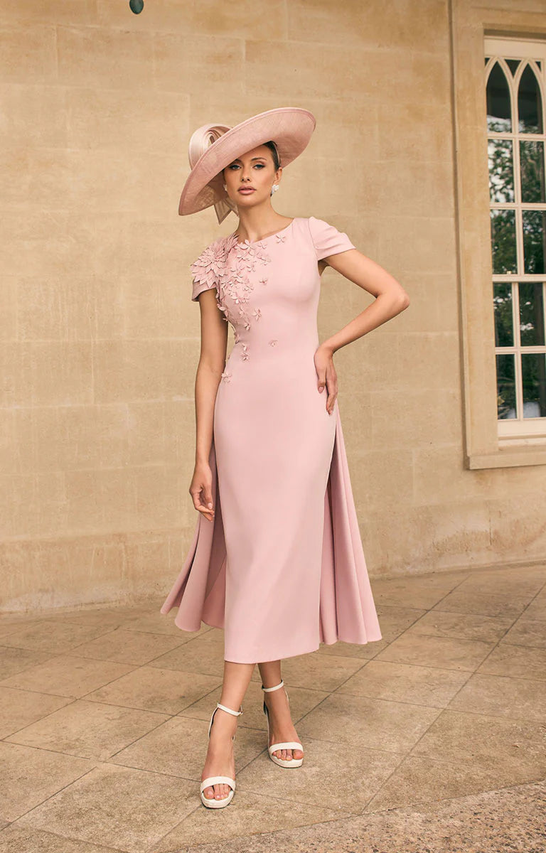 Blush Midi Dress with Cap Sleeves & Caped Skirt