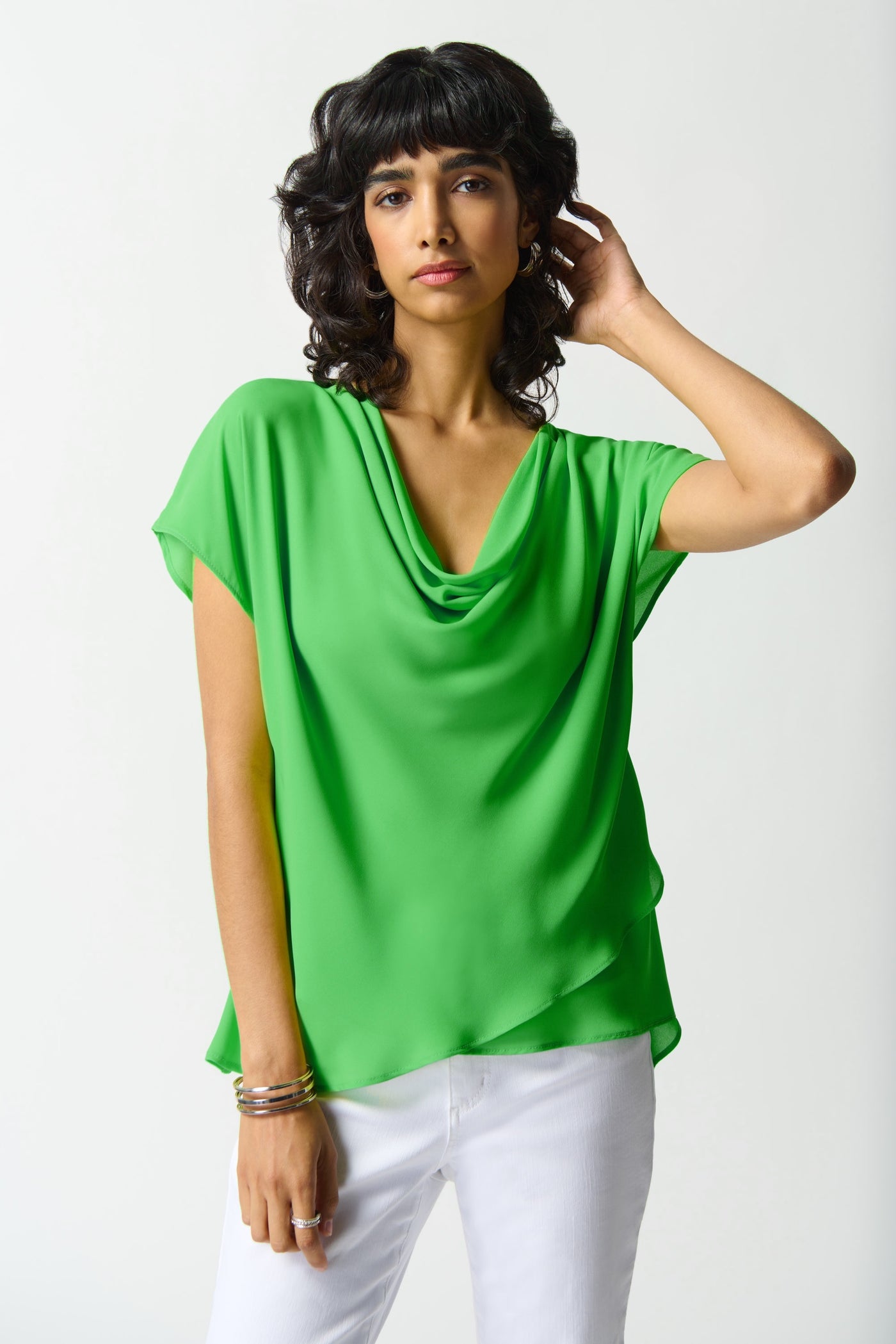 Joseph Ribkoff Island Green Flared Layered Top With Cowl Neck