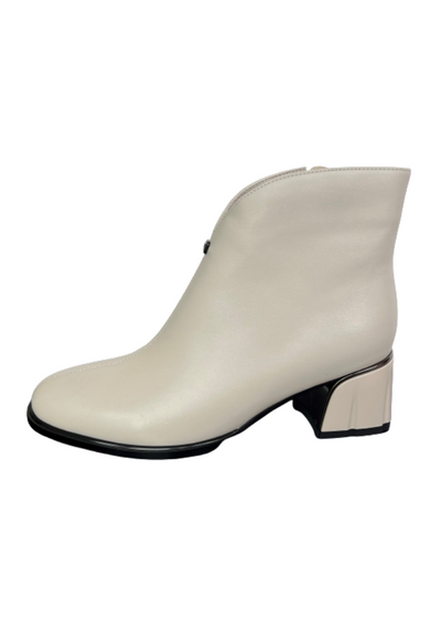 Beige Leather Boot with Block Heel and Side Zip