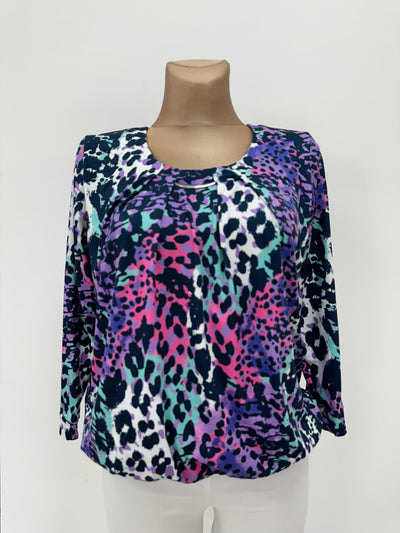 Animal Effect Round Neck Top with Silver Clasp Detail