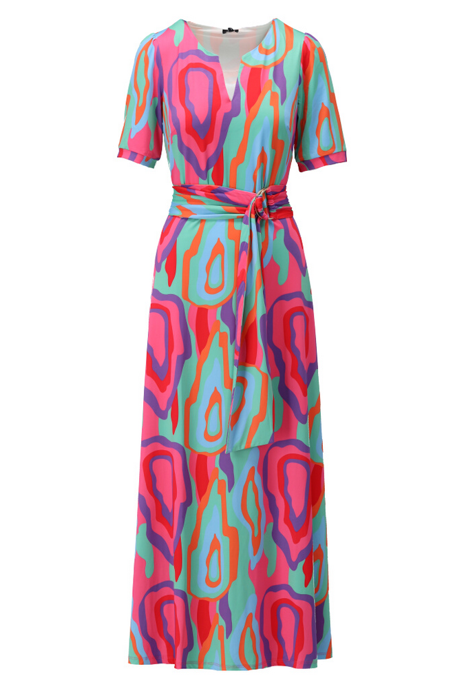 V-Neck Multi Coloured Maxi Dress with Belt