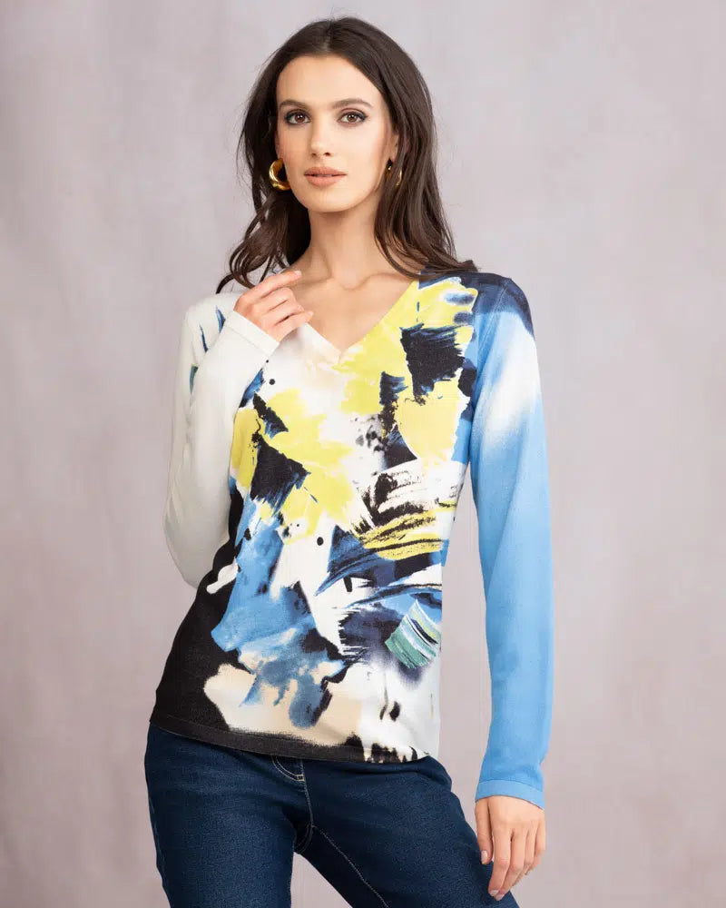 Lime, White and Blue Splash Knit Jumper