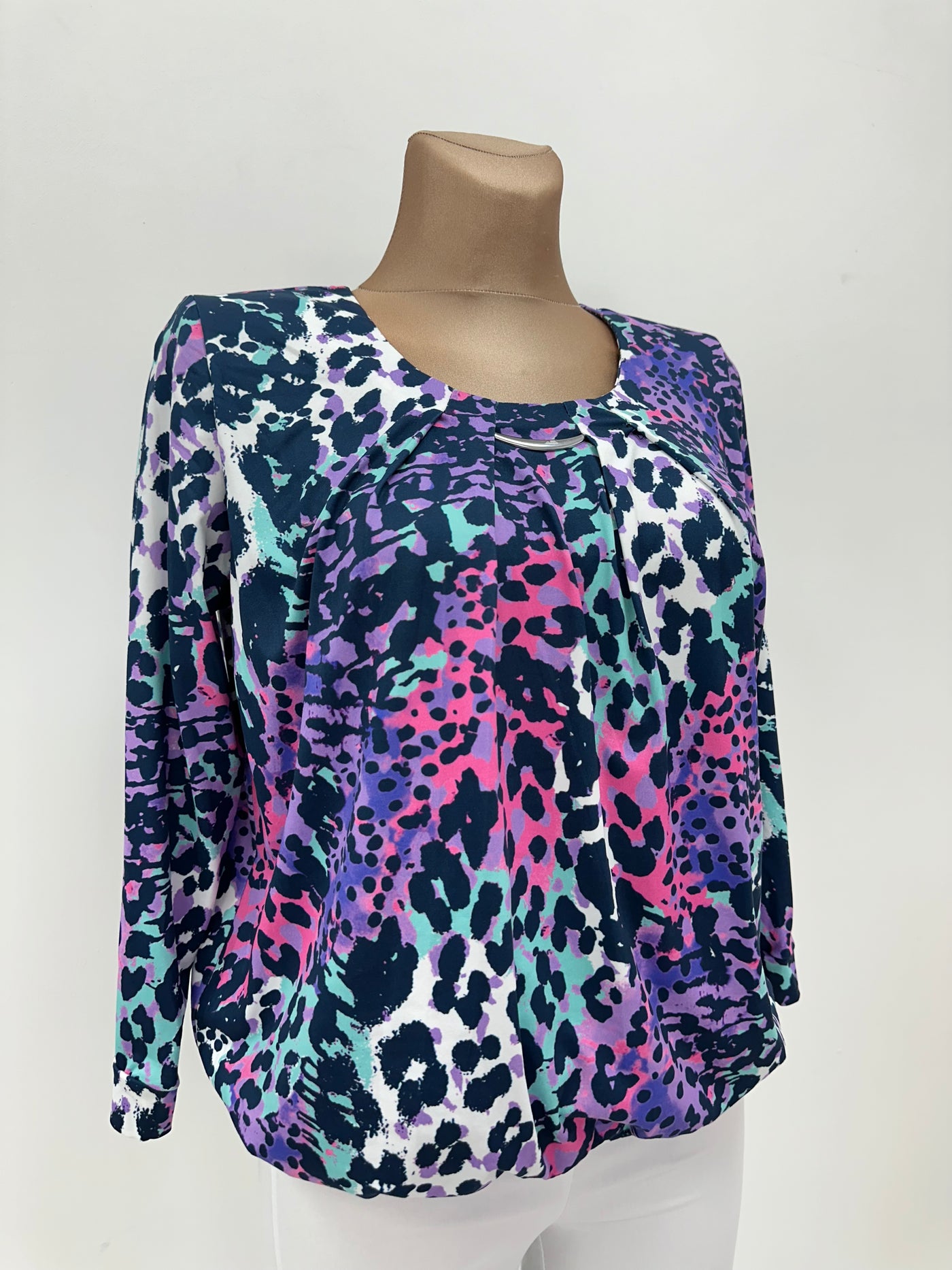 Animal Effect Round Neck Top with Silver Clasp Detail