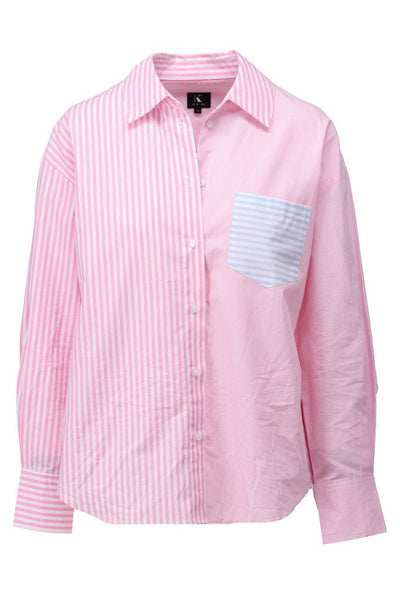 Pink Striped Shirt with Blue Pocket Detail