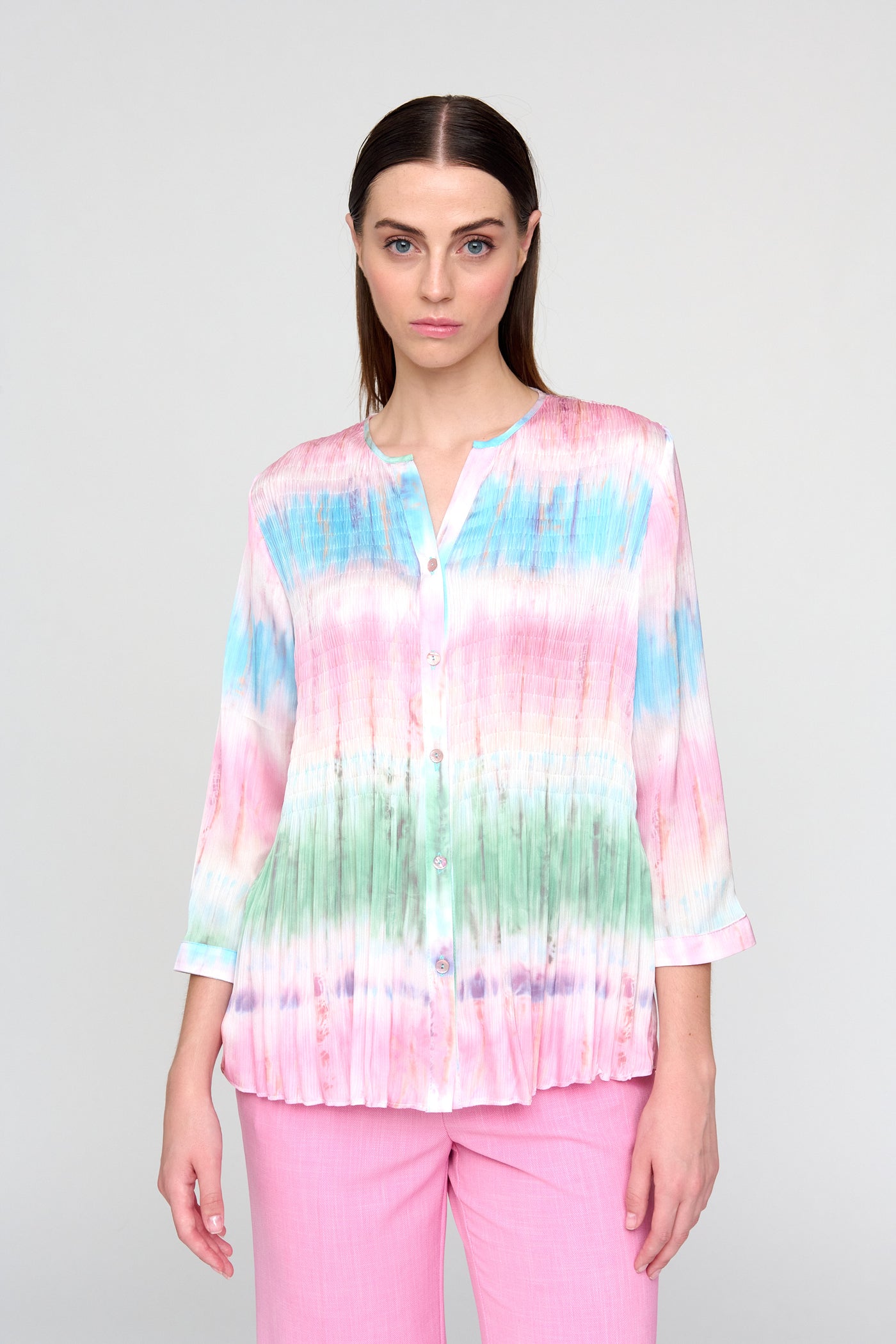Pink Mini V-neck Shirt with Multicolour Stripe Print