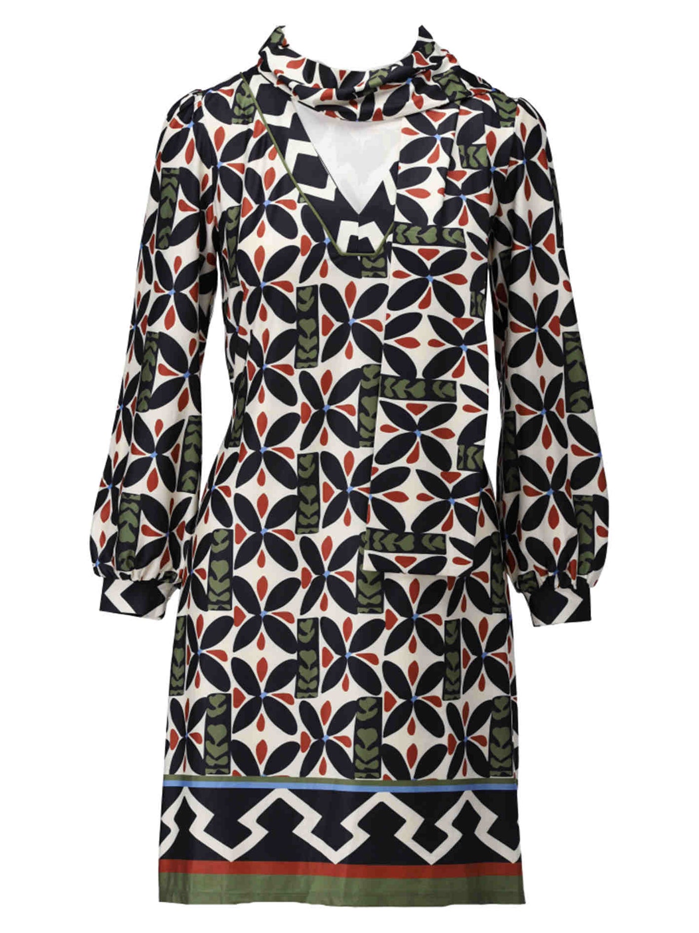 Bold Print Dress With Draped Neck Tie