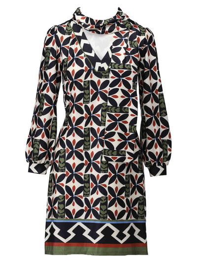 Bold Print Dress With Draped Neck Tie
