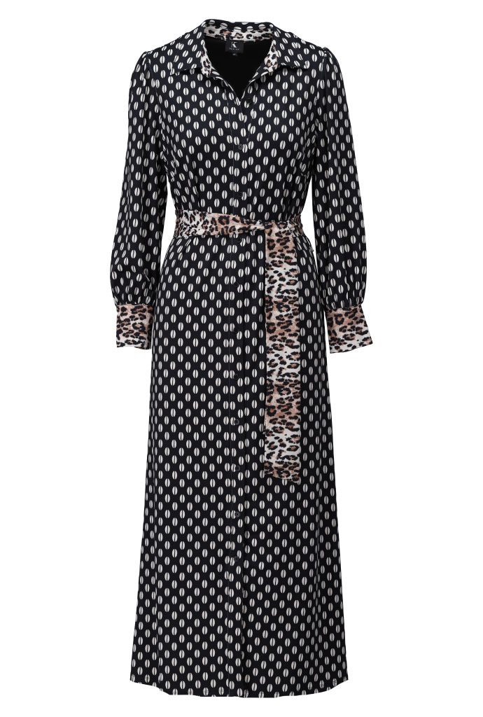 Printed Maxi Dress With Leopard Print Cuffs & Belt